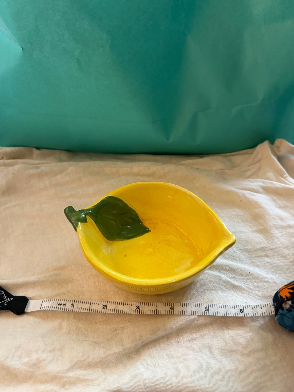 Ceramic Lemon trinket dish with Green Leaf Accent - Bright Yellow